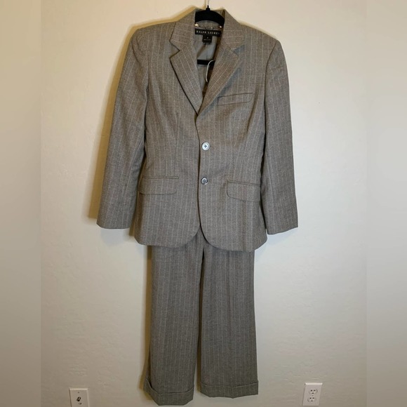Ralph Lauren | Black Label Gray & Light Blue Pin Striped 2 Piece Pantsuit Size 4 - Picture 1 of 14